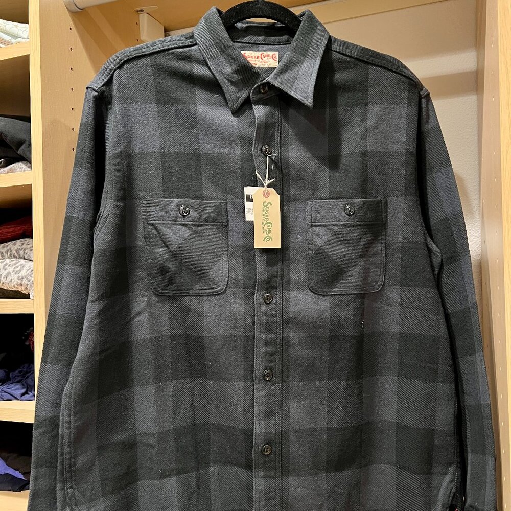 Sugar Cane Twill Plaid Work Shirt Flannel - Large - Black & Grey - SC29357